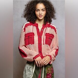 Open Knit Contrast Hooded Shacket with Frayed Edges - POL